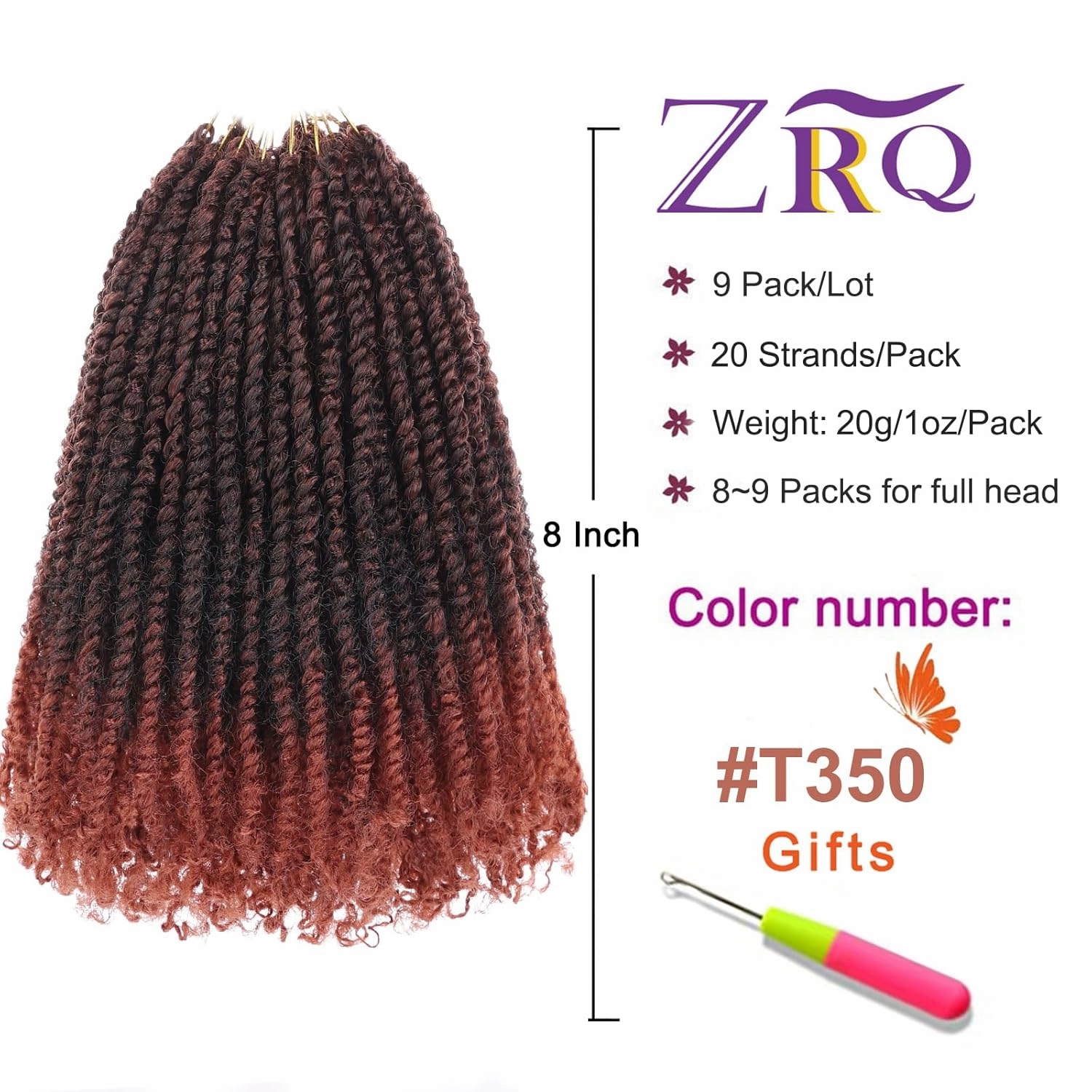 ZRQ 8 Inch Micro Twist Crochet Hair Bob Crochet Braids Ombre Red Mini Pre-twisted Passion Twist Mini Senegalese Twist Crochet Hair Pre-looped Yanky Twist Hair Extensions(9 Packs,T350#)